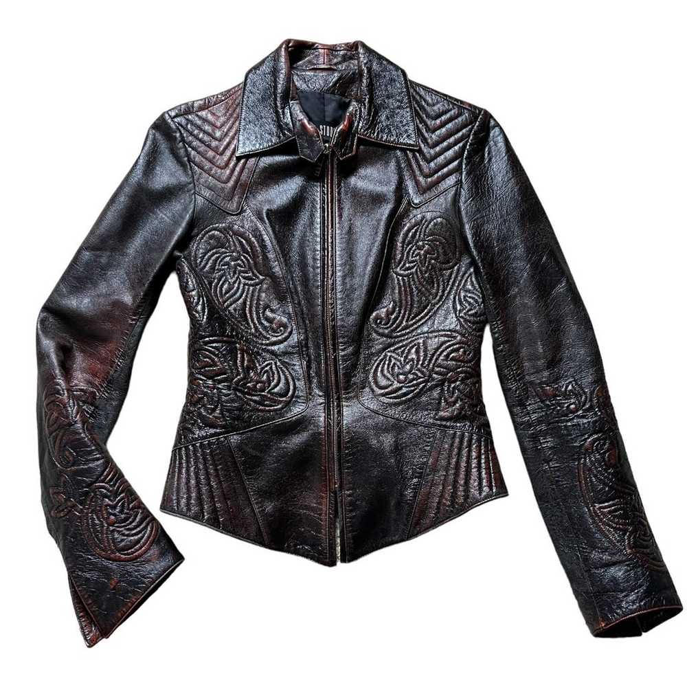 L-L Studio 100% Leather Tooled Jacket Sz 36 - image 2