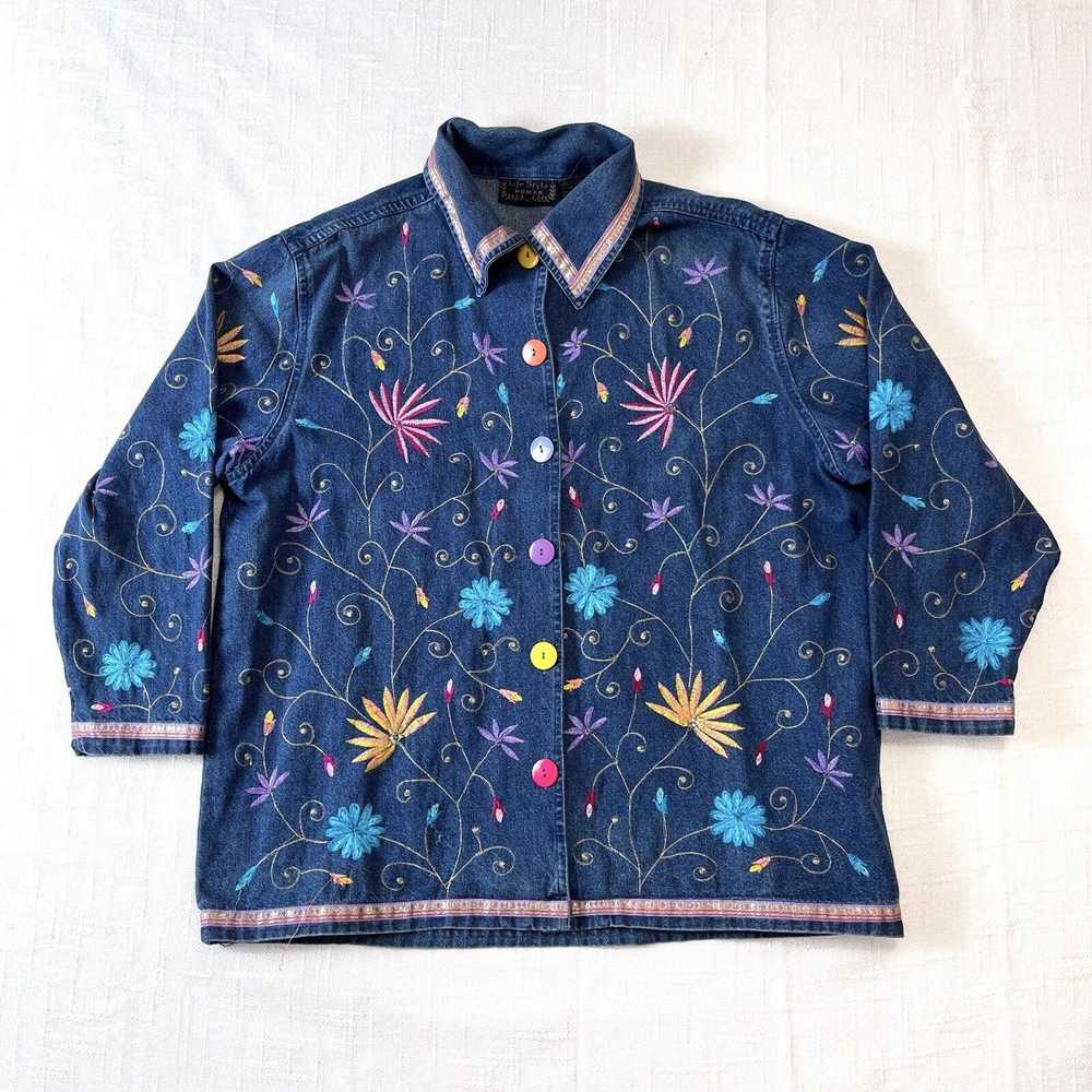 Vintage 90s Floral Embroidered Denim Jacket 1X Co… - image 1