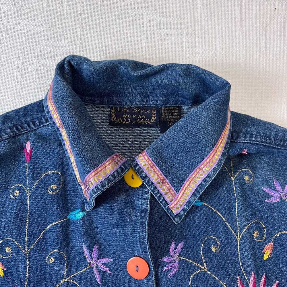 Vintage 90s Floral Embroidered Denim Jacket 1X Co… - image 8