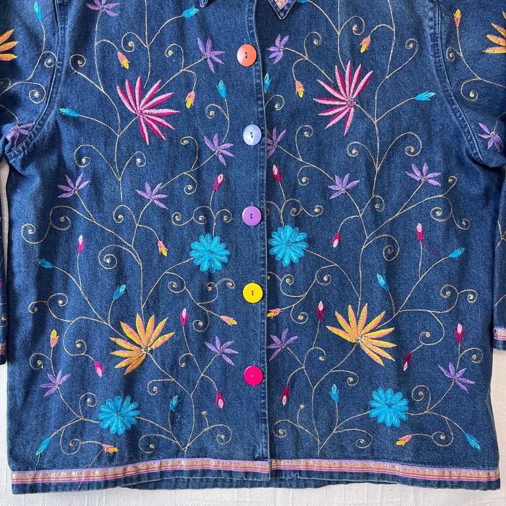 Vintage 90s Floral Embroidered Denim Jacket 1X Co… - image 9