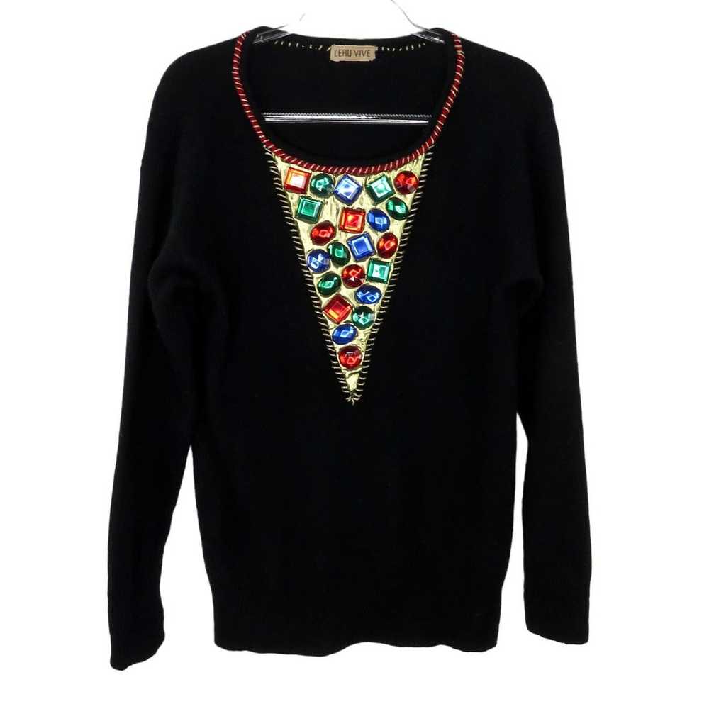 Vintage 80s Vintage Black Sweater Rainbow Chunky … - image 1