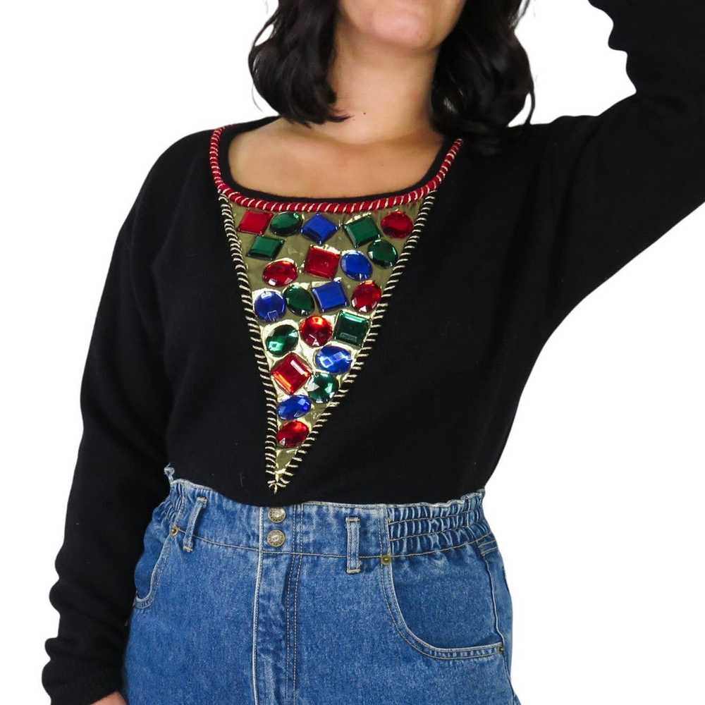 Vintage 80s Vintage Black Sweater Rainbow Chunky … - image 2