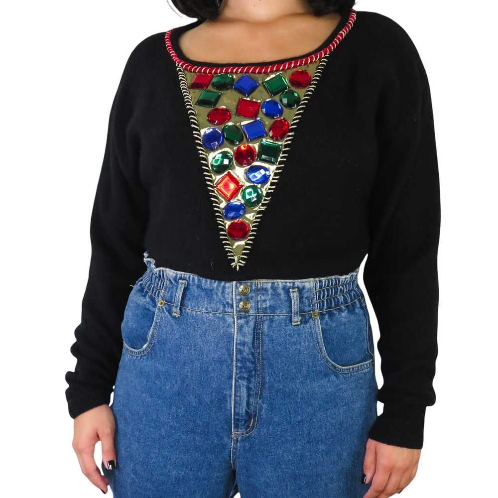 Vintage 80s Vintage Black Sweater Rainbow Chunky … - image 3