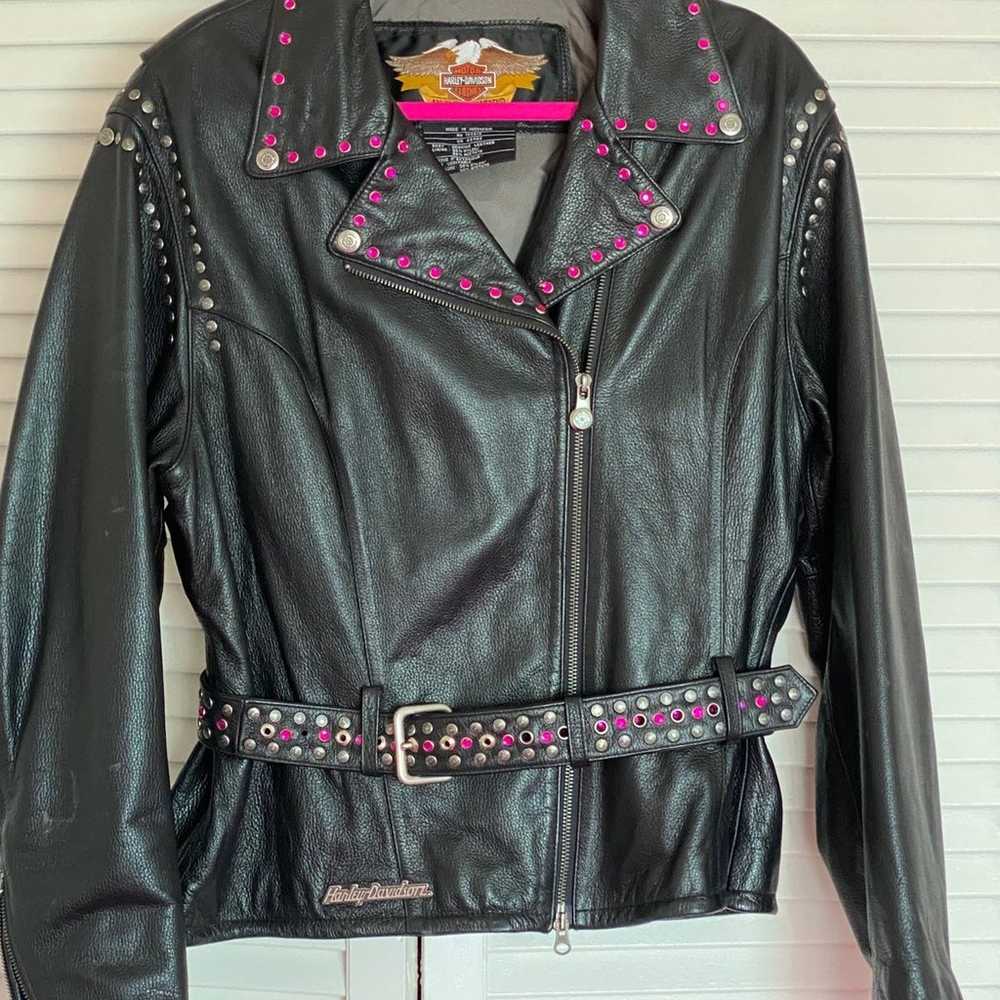 Harley Davidson Black Leather Riding Jacket, Cust… - image 1