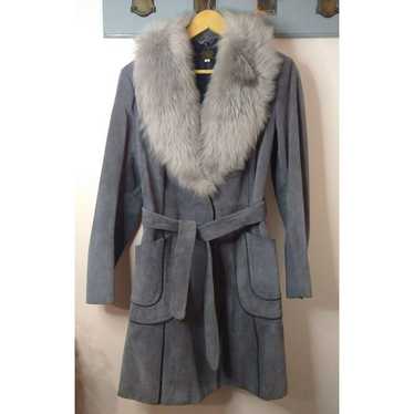 1970s Gray Leather Suede Faux Fur Trim Collar Bel… - image 1
