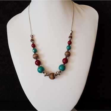 Vintage Beaded Necklace Aqua Brown Red Beads 17” - image 1