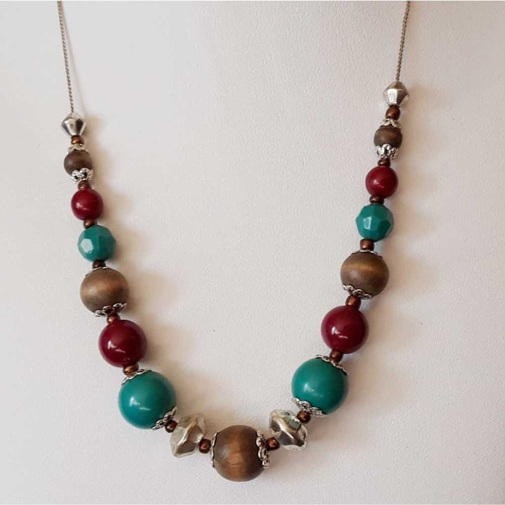 Vintage Beaded Necklace Aqua Brown Red Beads 17” - image 2