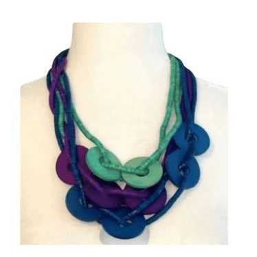 Vintage Necklace Purple Green Blue Wood Chunky Be… - image 1