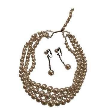 Faux Pearls Triple String Dangling Necklace Earri… - image 1