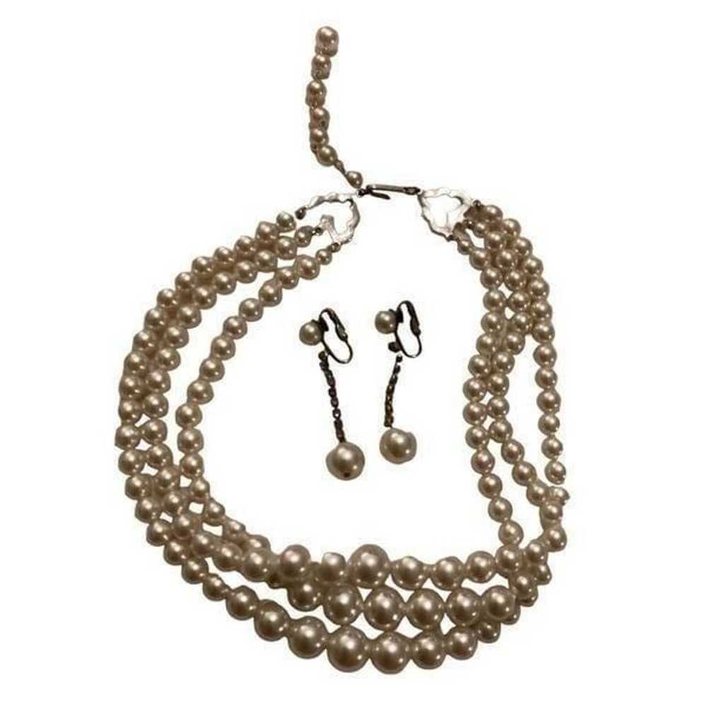 Faux Pearls Triple String Dangling Necklace Earri… - image 2