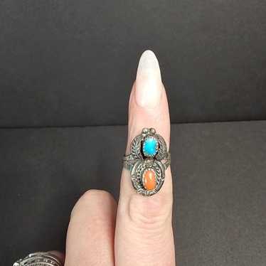 Vintage Navajo Silver Turquoise and Coral Ring - image 1