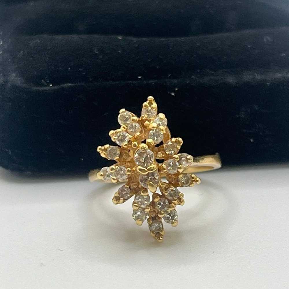 Vintage 14K Yellow Gold Real White Diamond Cluste… - image 1
