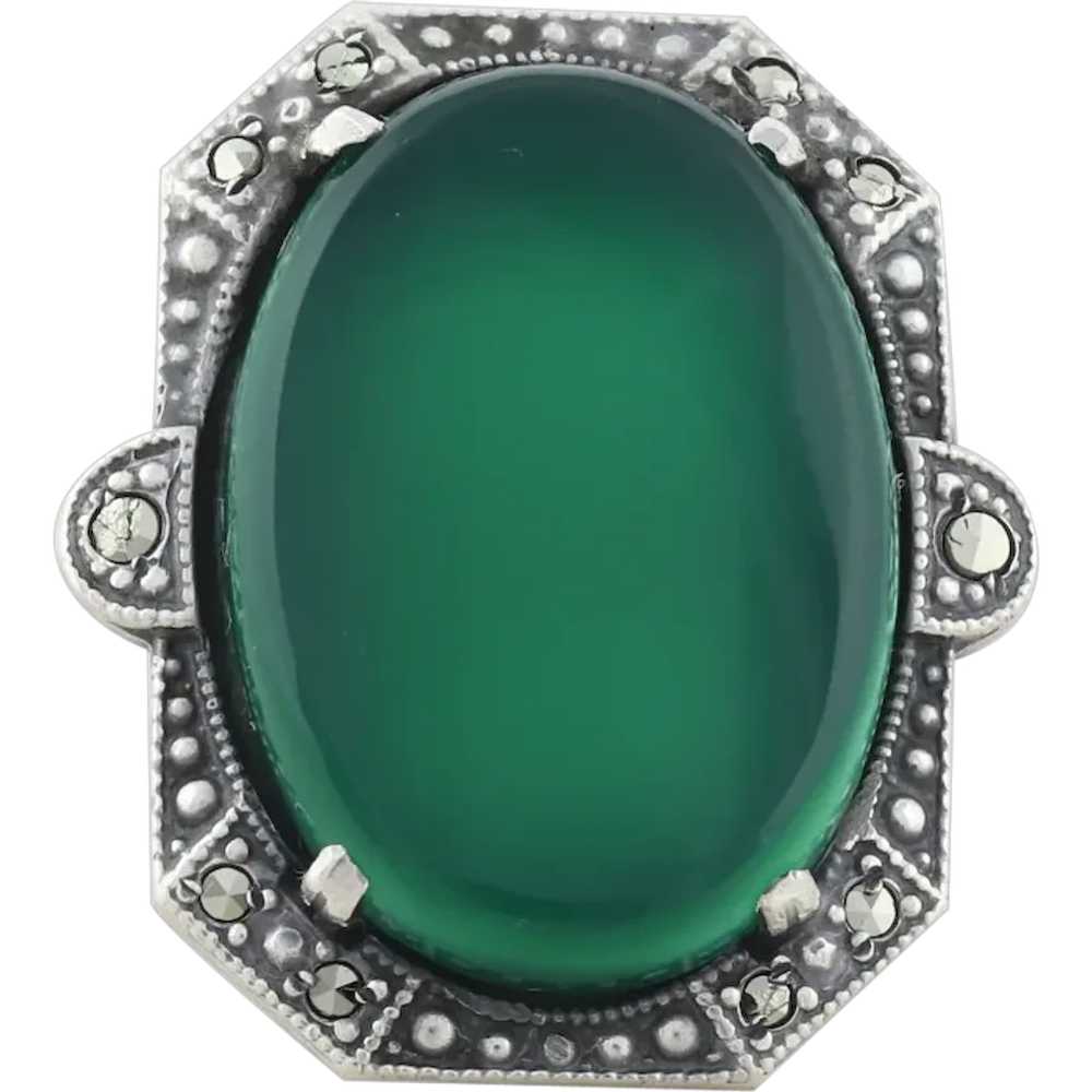 Sterling Silver Green Onyx and Marcasite Ring Art… - image 1