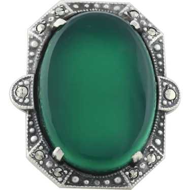 Sterling Silver Green Onyx and Marcasite Ring Art… - image 1