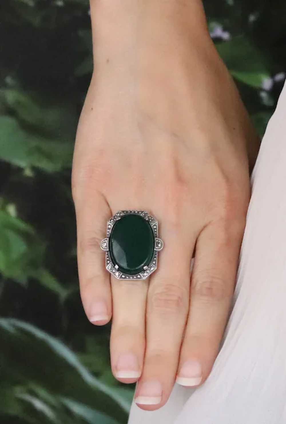 Sterling Silver Green Onyx and Marcasite Ring Art… - image 2