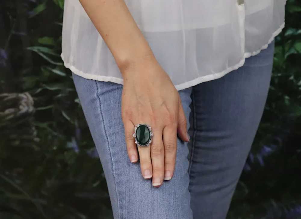 Sterling Silver Green Onyx and Marcasite Ring Art… - image 3