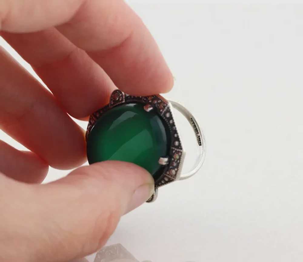 Sterling Silver Green Onyx and Marcasite Ring Art… - image 4