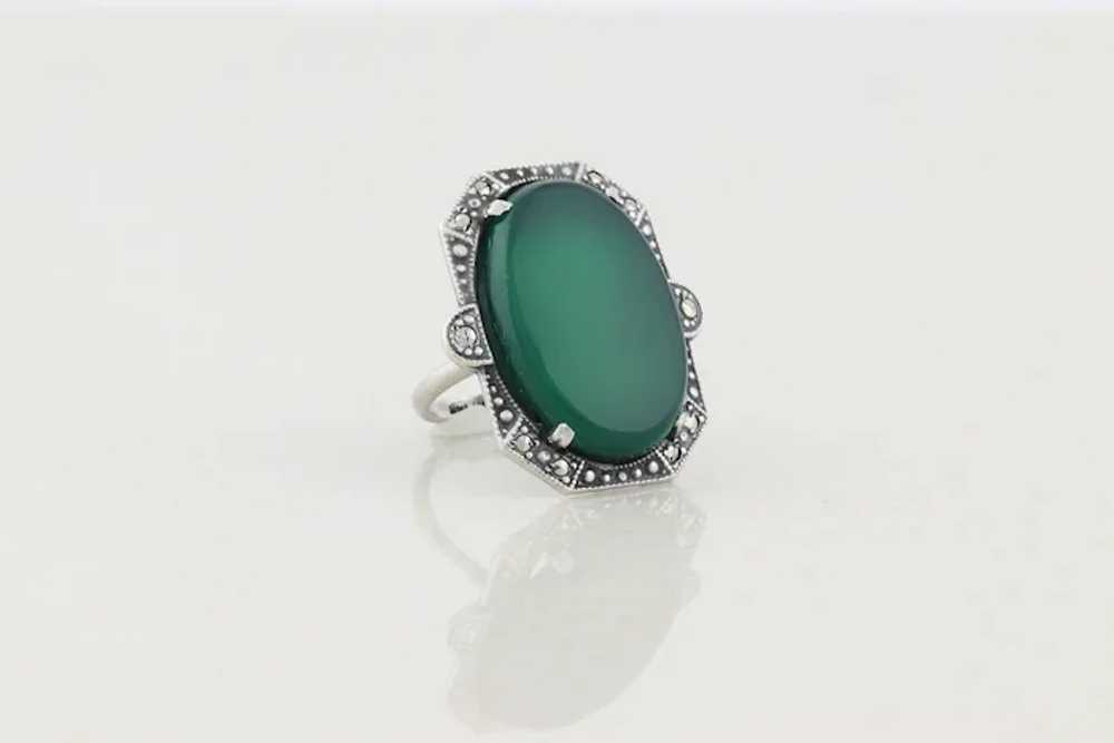 Sterling Silver Green Onyx and Marcasite Ring Art… - image 5