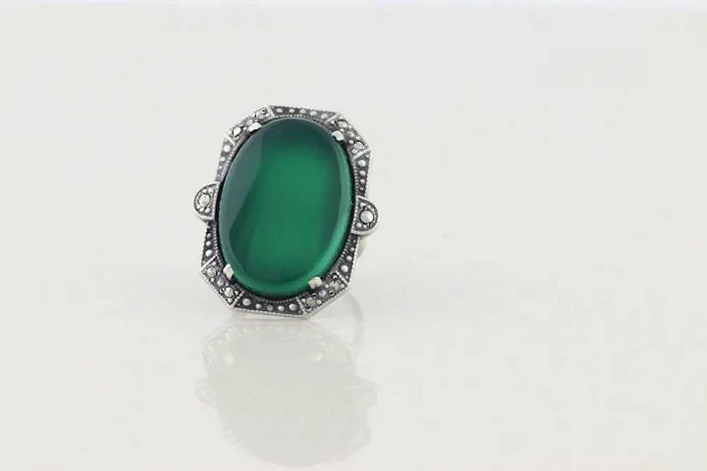 Sterling Silver Green Onyx and Marcasite Ring Art… - image 8