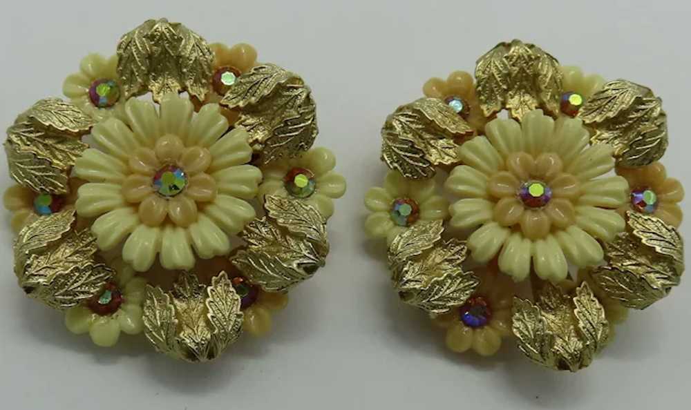 Large Coro Flower Earrings Plastic & Aurora Borea… - image 3
