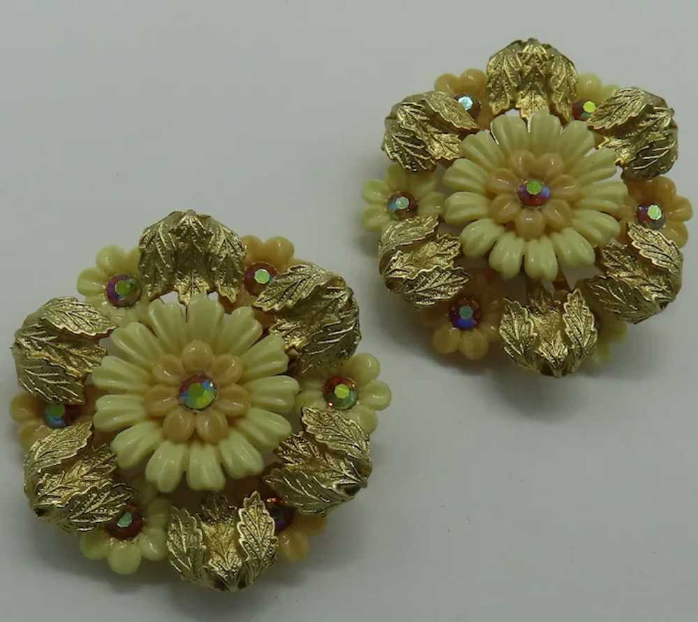 Large Coro Flower Earrings Plastic & Aurora Borea… - image 4