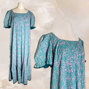 Vintage Hawaiian Dress MuuMuu M Turquoise Teal Pin