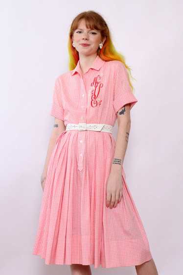 Pink Gingham Monogrammed Shirt Dress XS