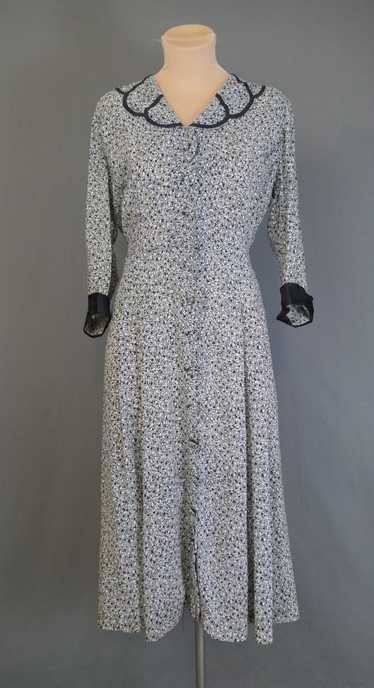 Vintage 1950s Black & White Rayon Dress with Butto