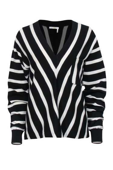 Chloe - Black & White Striped Cotton Sweater Sz L - image 1