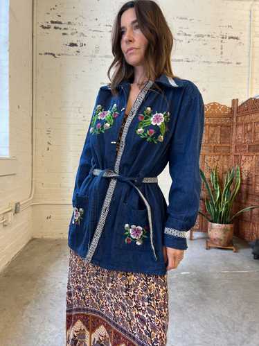 60s Mexican Embroidered Belted Denim Jacket, Large