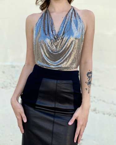 Disco Queen Whiting and Davis Silver Mesh Halter T