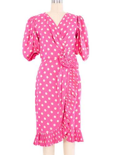 Albert Nipon Pink Polka Dot Ruffle Trim Dress - image 1