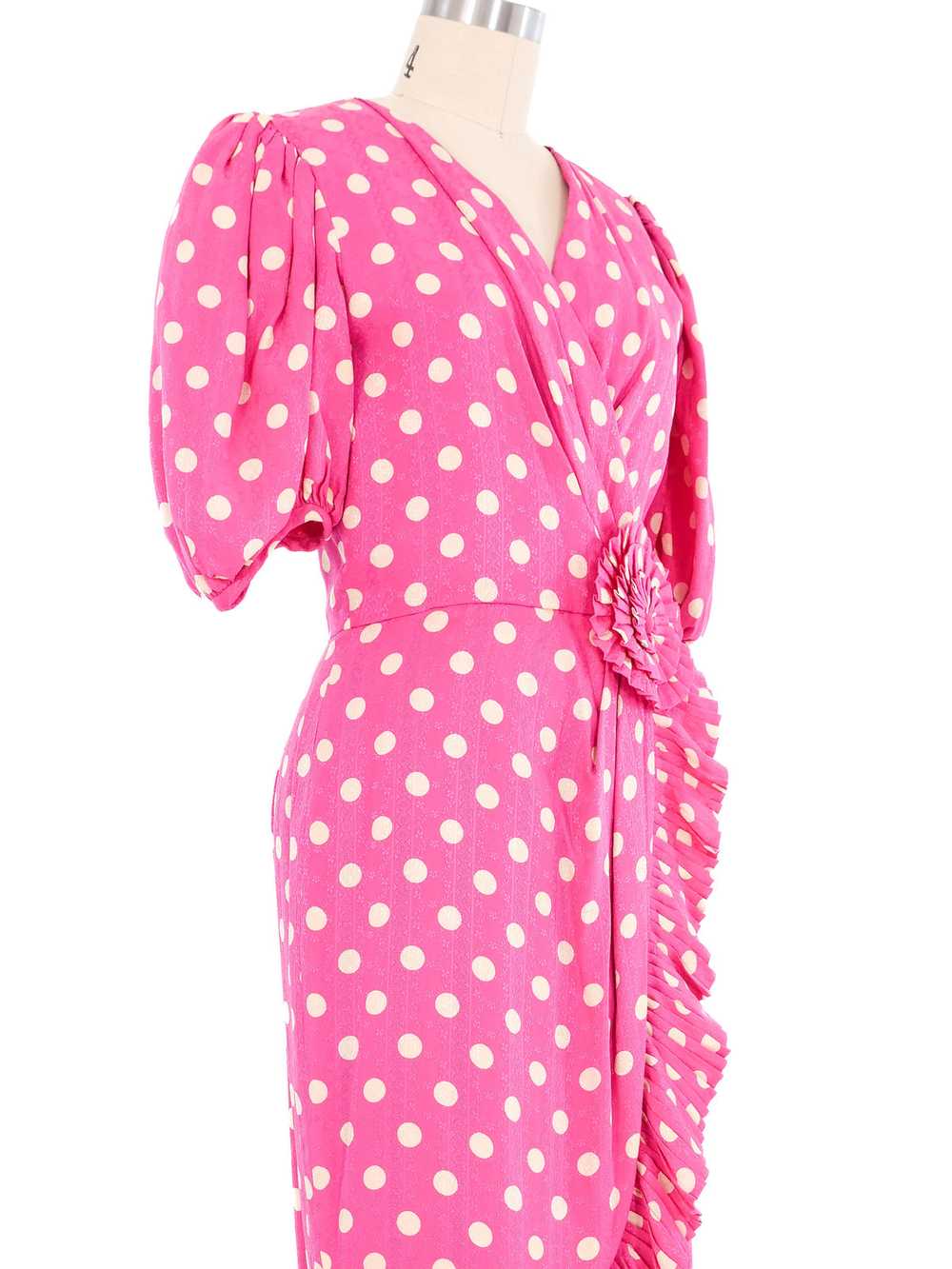 Albert Nipon Pink Polka Dot Ruffle Trim Dress - image 2