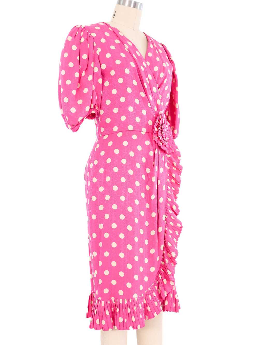 Albert Nipon Pink Polka Dot Ruffle Trim Dress - image 3