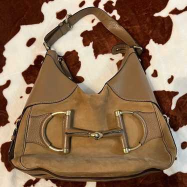 Gucci Taupe Nubuck Leather Heritage Horsebit Hobo… - image 1