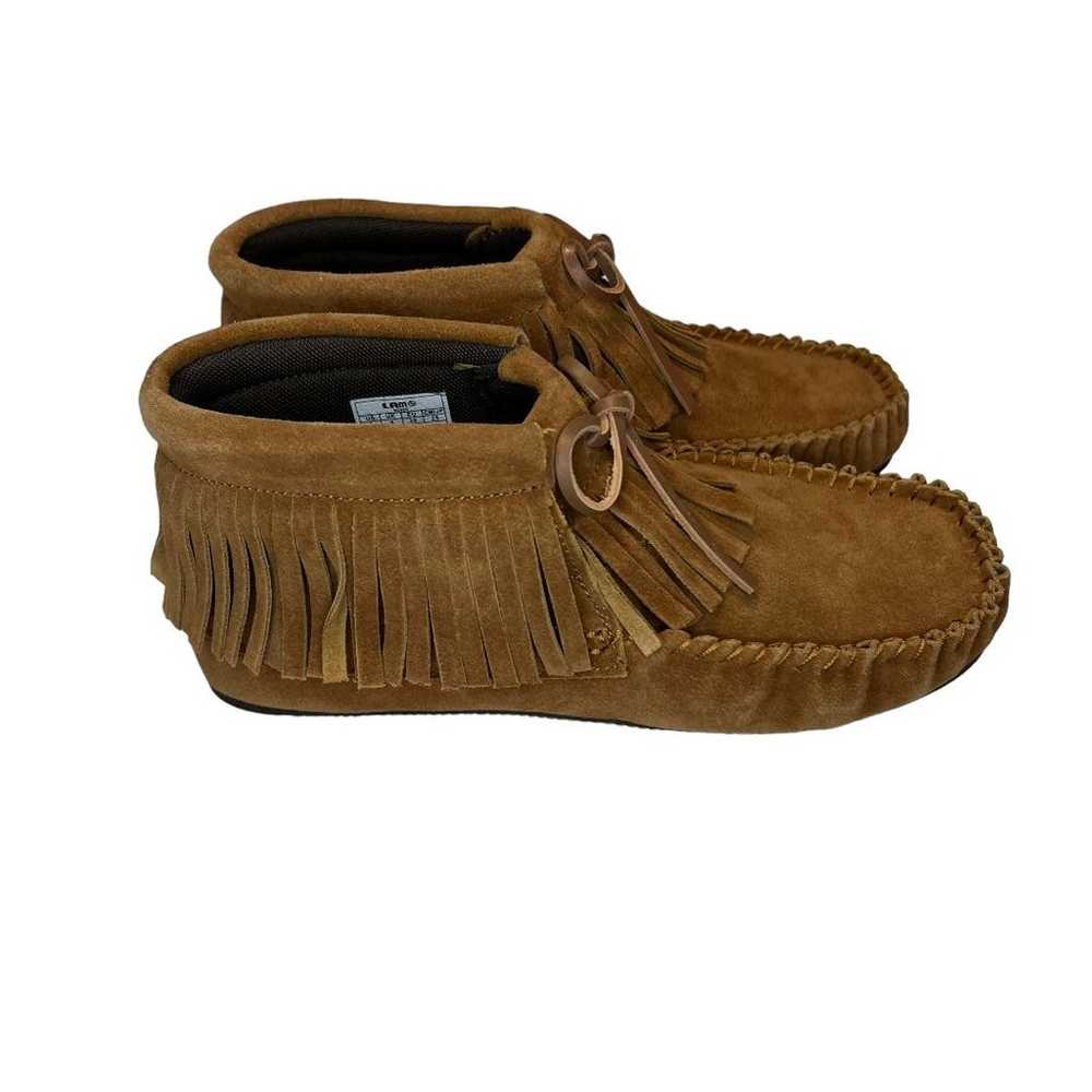 Lamo Suede Moccasin Ankle Boots Brown Fringe Size… - image 2