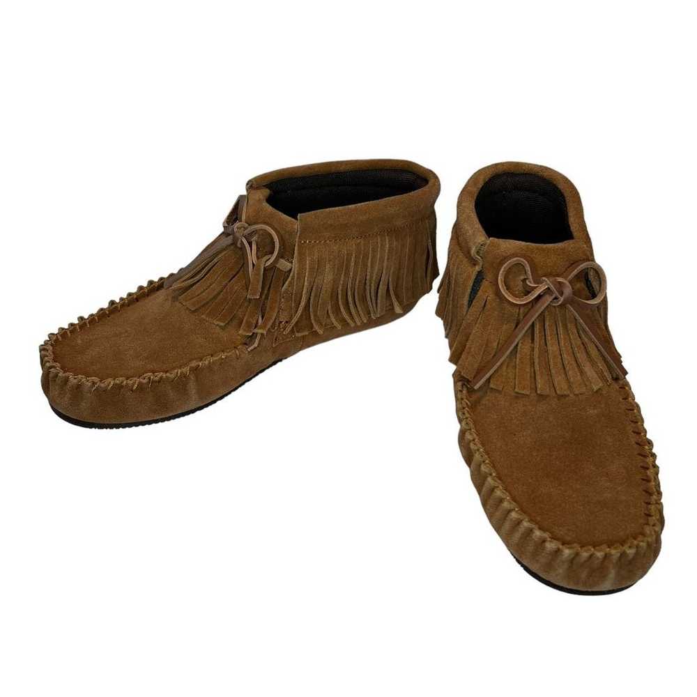 Lamo Suede Moccasin Ankle Boots Brown Fringe Size… - image 5