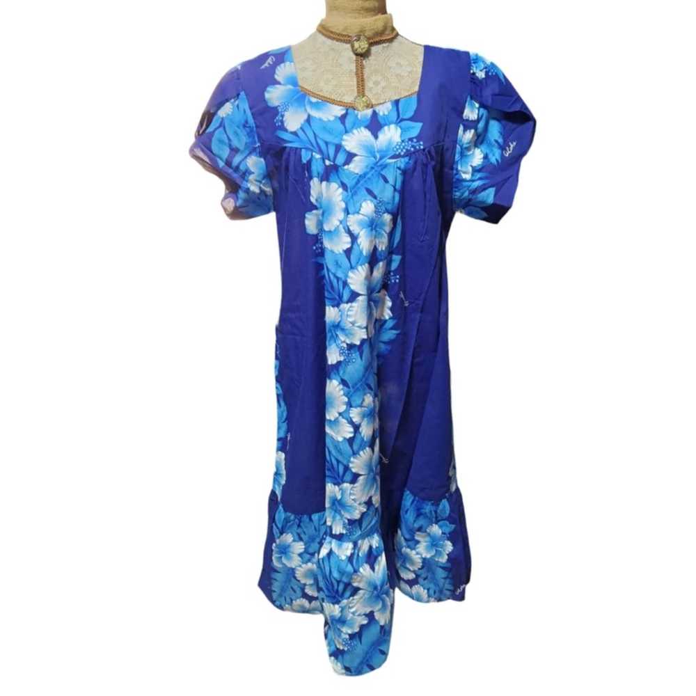 Vintage Kalena Fashions of Hawaii Blue Floral Mum… - image 1