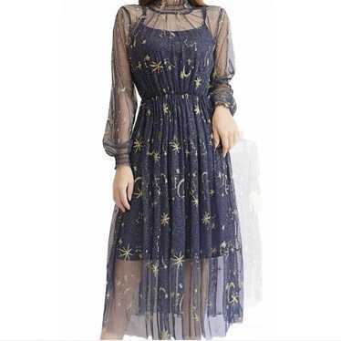 Navy Blue Dress With Gold Celestial Embroidery