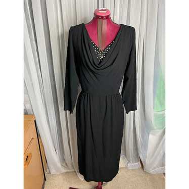 dress 1980s drape front studded V neck black silv… - image 1