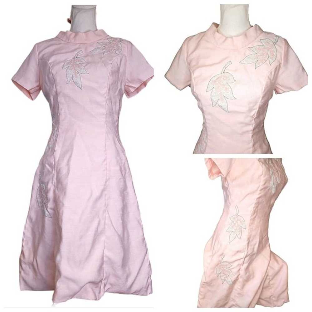 Vintage 60s Light Pink Raw Silk Dress Size 6 Flor… - image 1