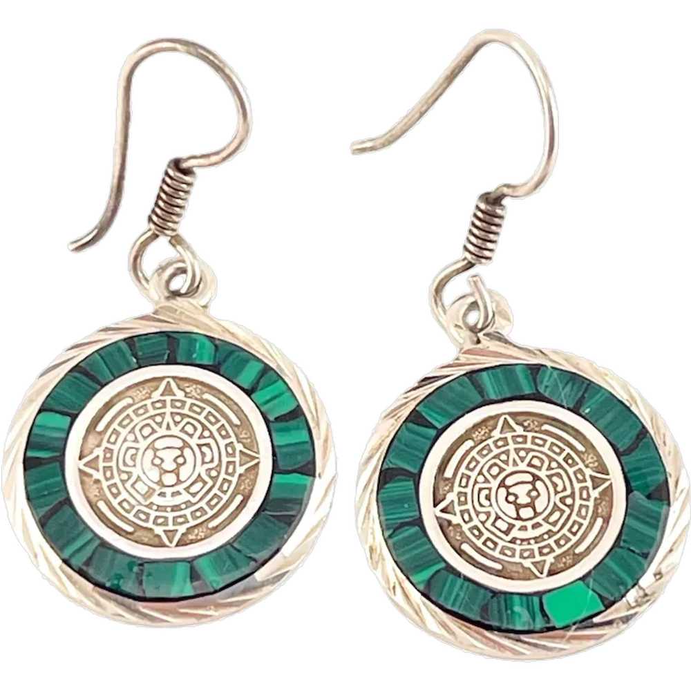 Malachite and Sterling Mexican Taxco Drop Earrings - image 1