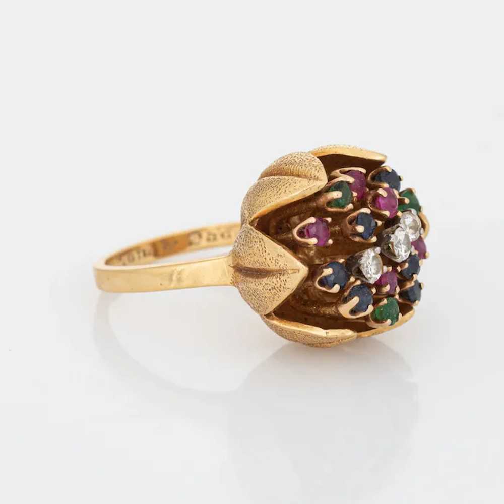 60s Diamond Gemstone Tulip Ring Vintage 18 Karat … - image 3