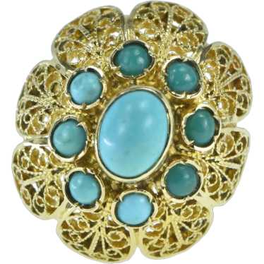 18K Oval Turquoise Filigree Domed Cocktail Ring S… - image 1