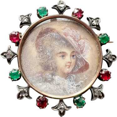 Victorian 18K gold miniature portrait brooch diam… - image 1