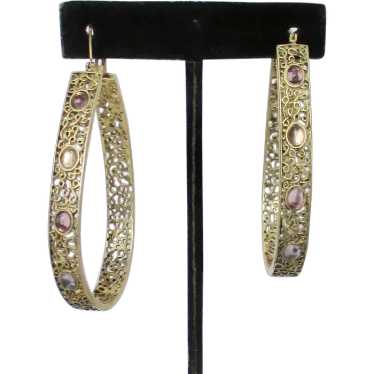 Large Hoop on post earrings Brass and Crystals - image 1