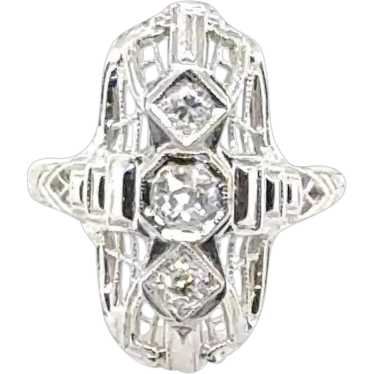 Art Deco Three Diamond 14 Karat White Gold Filigr… - image 1