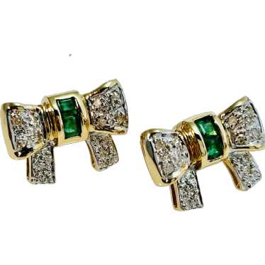 Vintage Estate Emerald & Diamond Bow Earrings 14K 