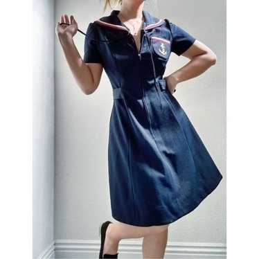 60s/70s Vintage Short Sleeves Navy Sailor Dress w… - image 1