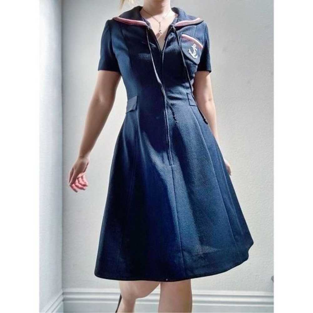 60s/70s Vintage Short Sleeves Navy Sailor Dress w… - image 2